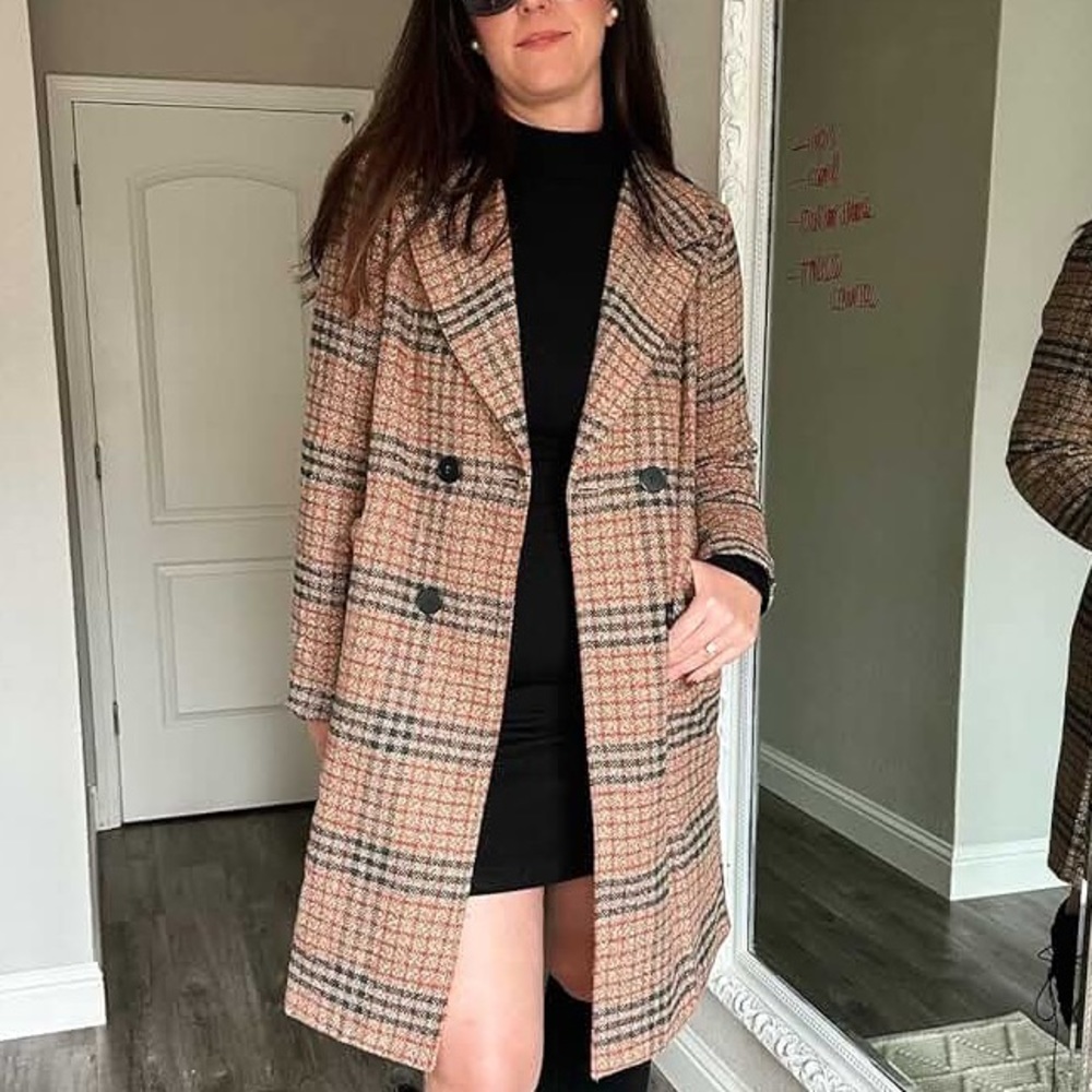 Double Breasted Mid-Long Wool Blend Pea Coat plaids tan